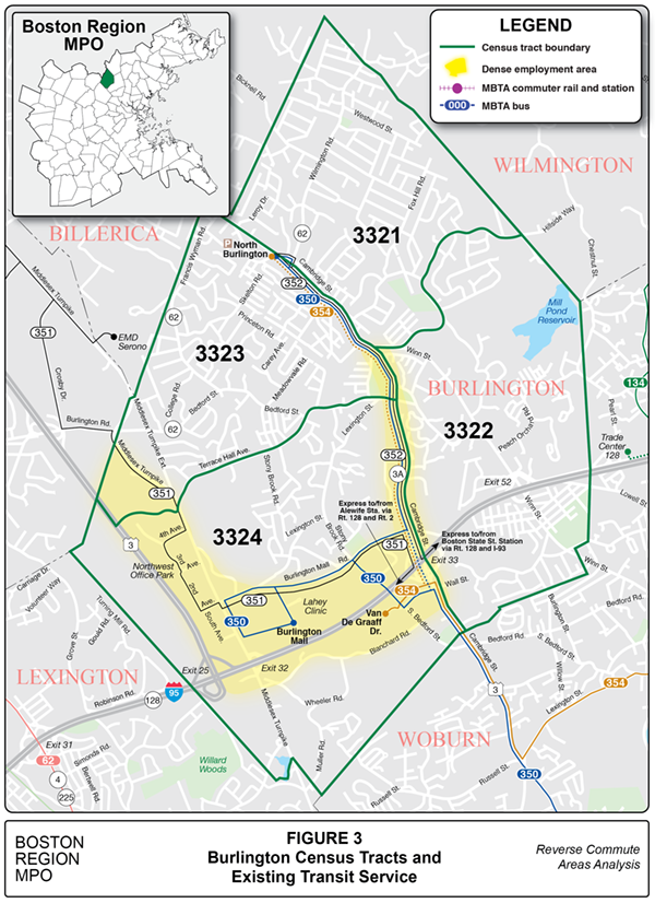 Burlington Census Tracts and Existing Transit Service
This figure is a map of Burlington showing census tract boundaries, dense areas of employment, and existing transit service.
